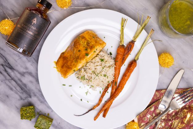 Wabanaki Maple Barrel Aged Bourbon Maple Syrup paired with Millennia Tea infused Rice with a Maple Curried Salmon
