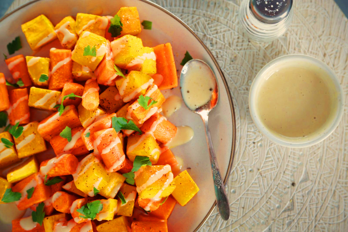 Maple tahini sauce with roasted squash &amp; carrots &amp; Wabanaki Maple