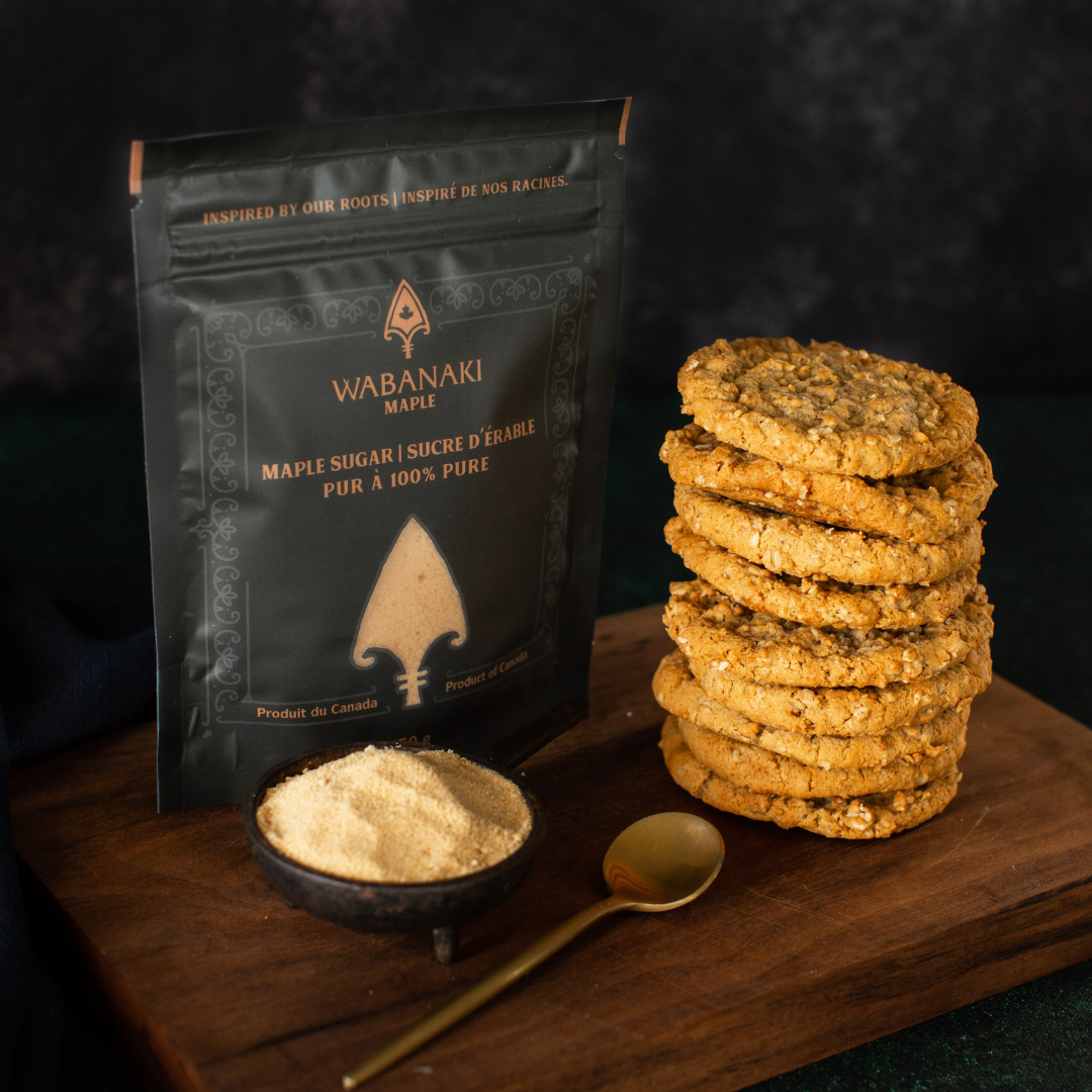 Wabanaki Maple Sugar in the background with oatmeal maple cookies