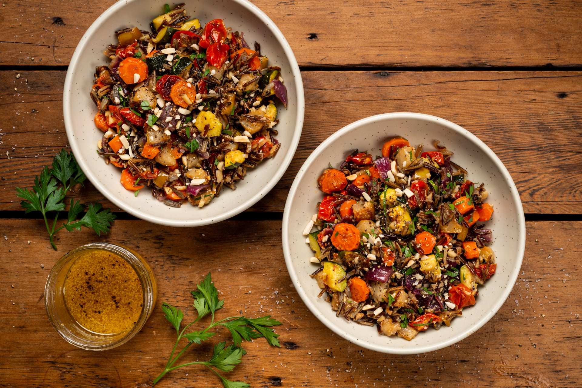 Using Wabanaki Maple barrel aged bourbon maple syrup, pictured is a wild rice salad with roasted vegetables