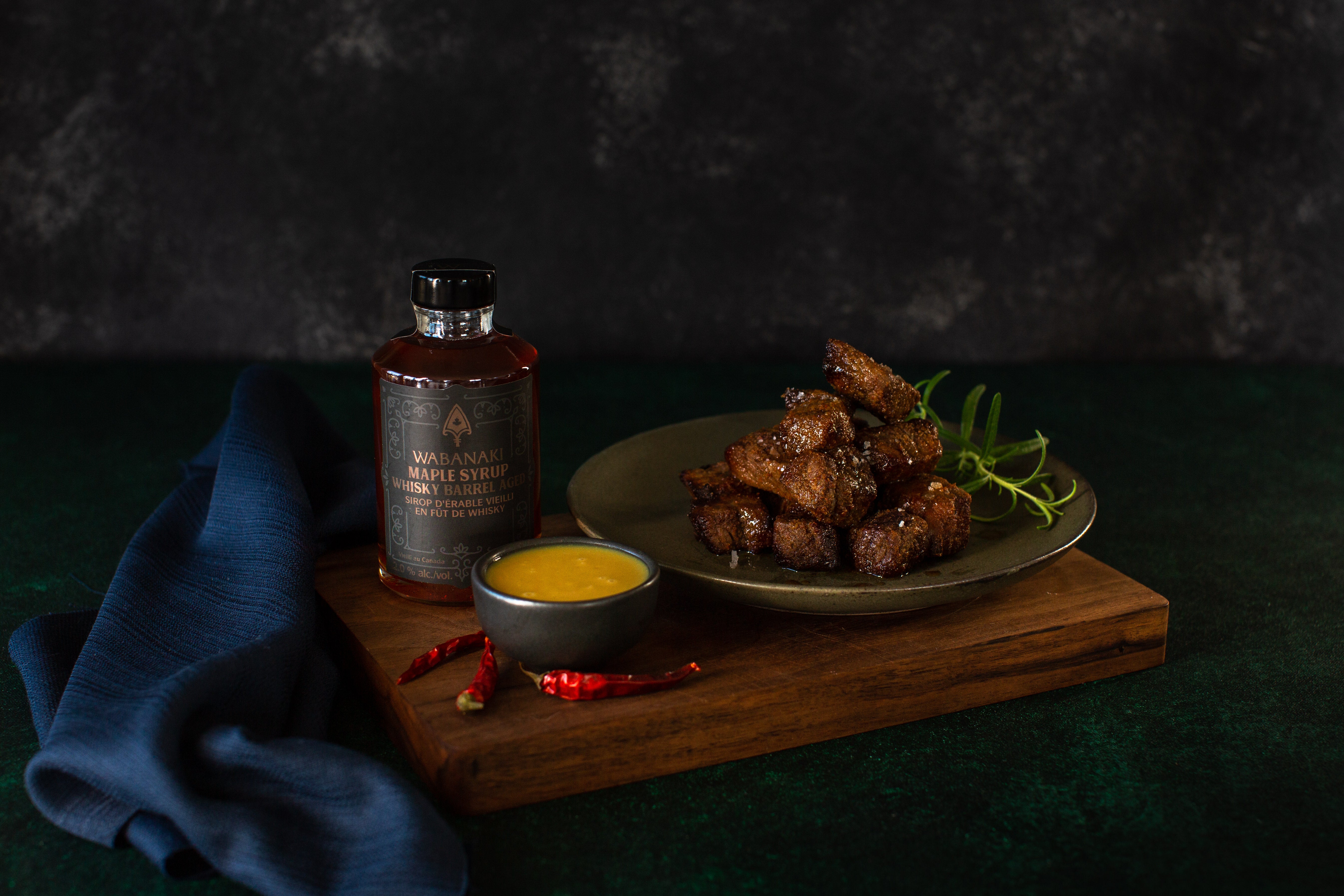 Wabanaki Maple Barrel Aged Whisky Maple Syrup paired with Air Fried Steak Bites