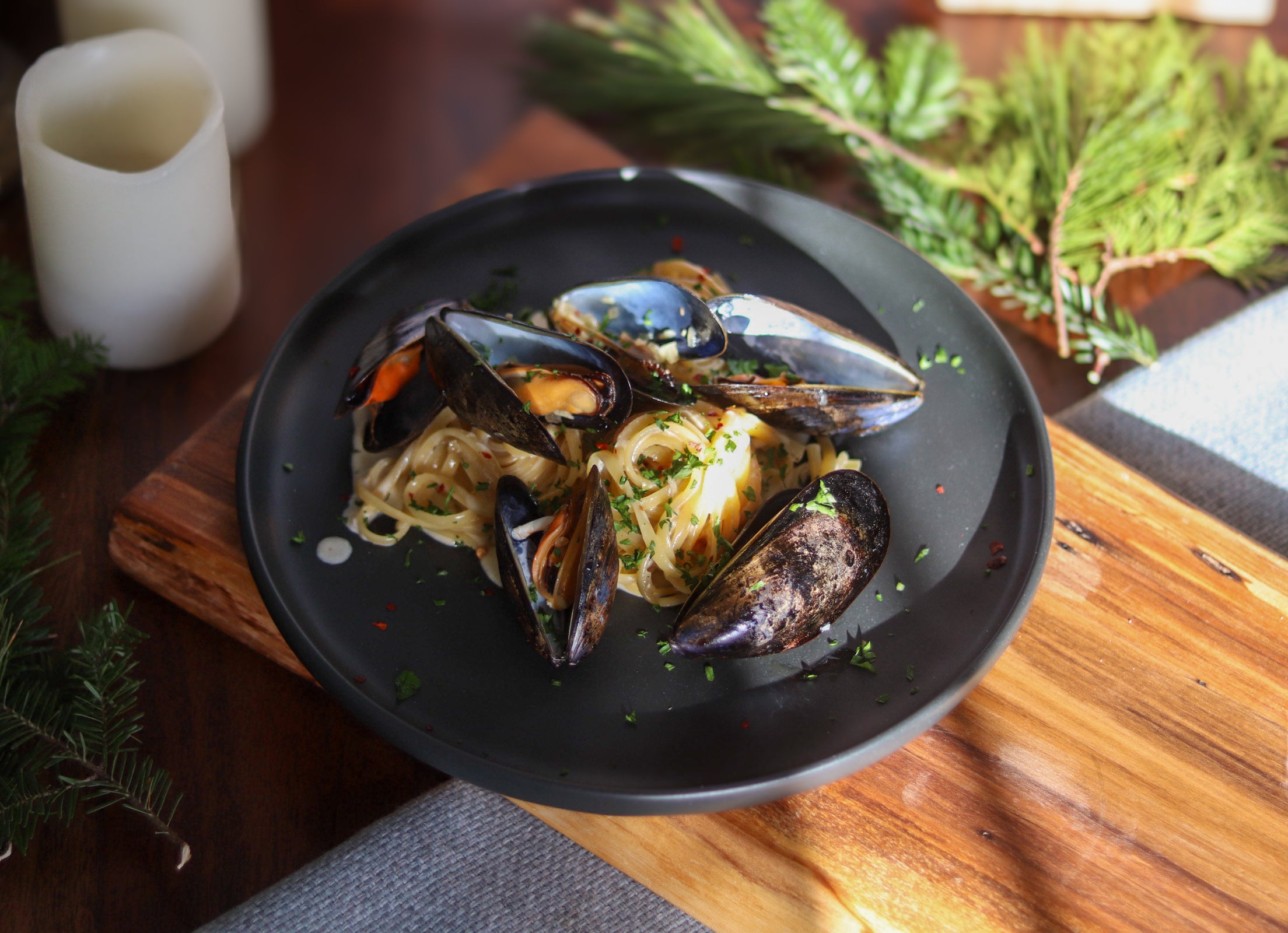 Linguine with Mussels with Barrel Aged Toasted Oak Maple Syrup 
