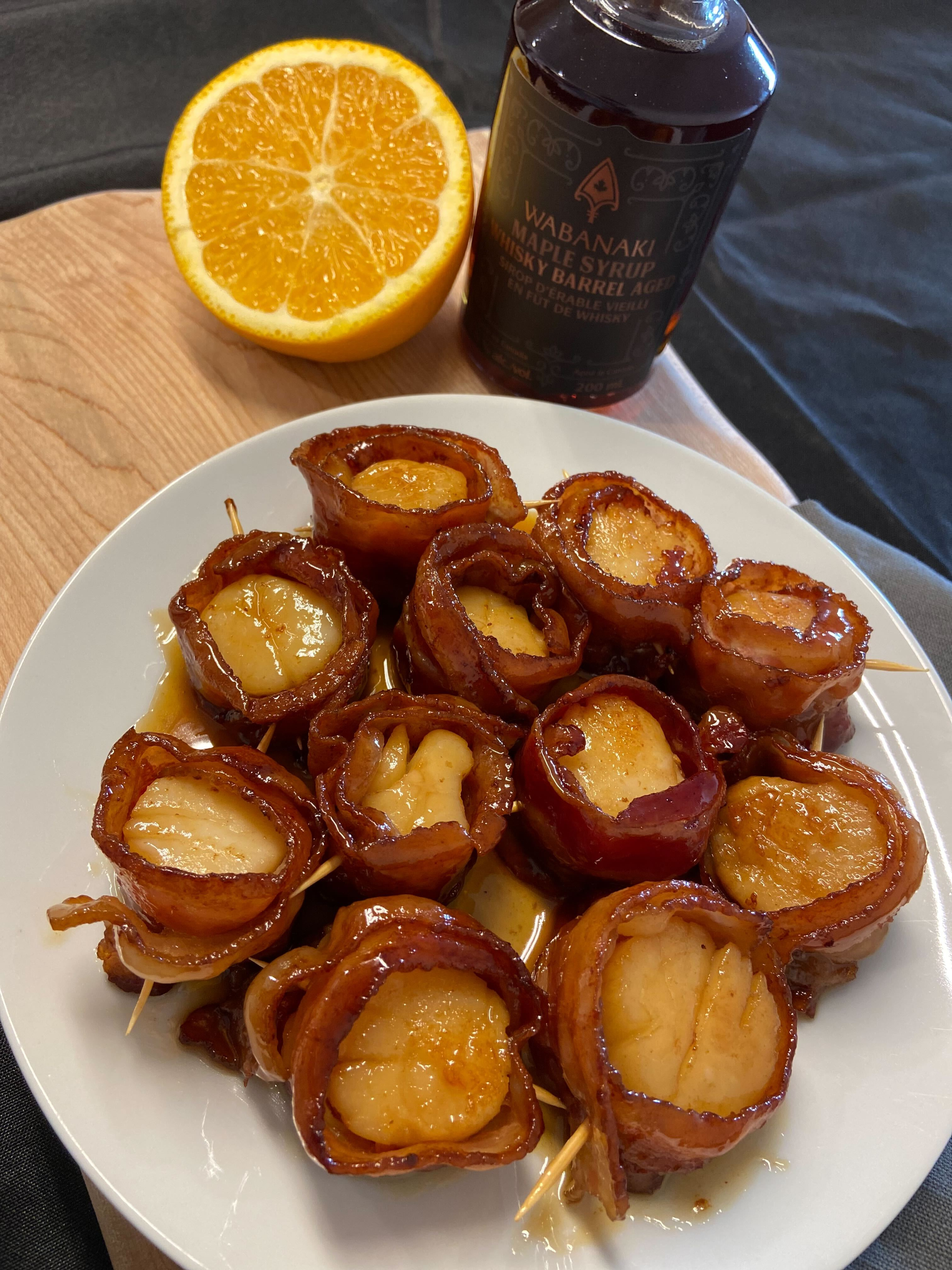 Bacon Wrapped Scallops with an Orange Maple Glaze using Wabanaki Maple Whisky Barrel Aged 