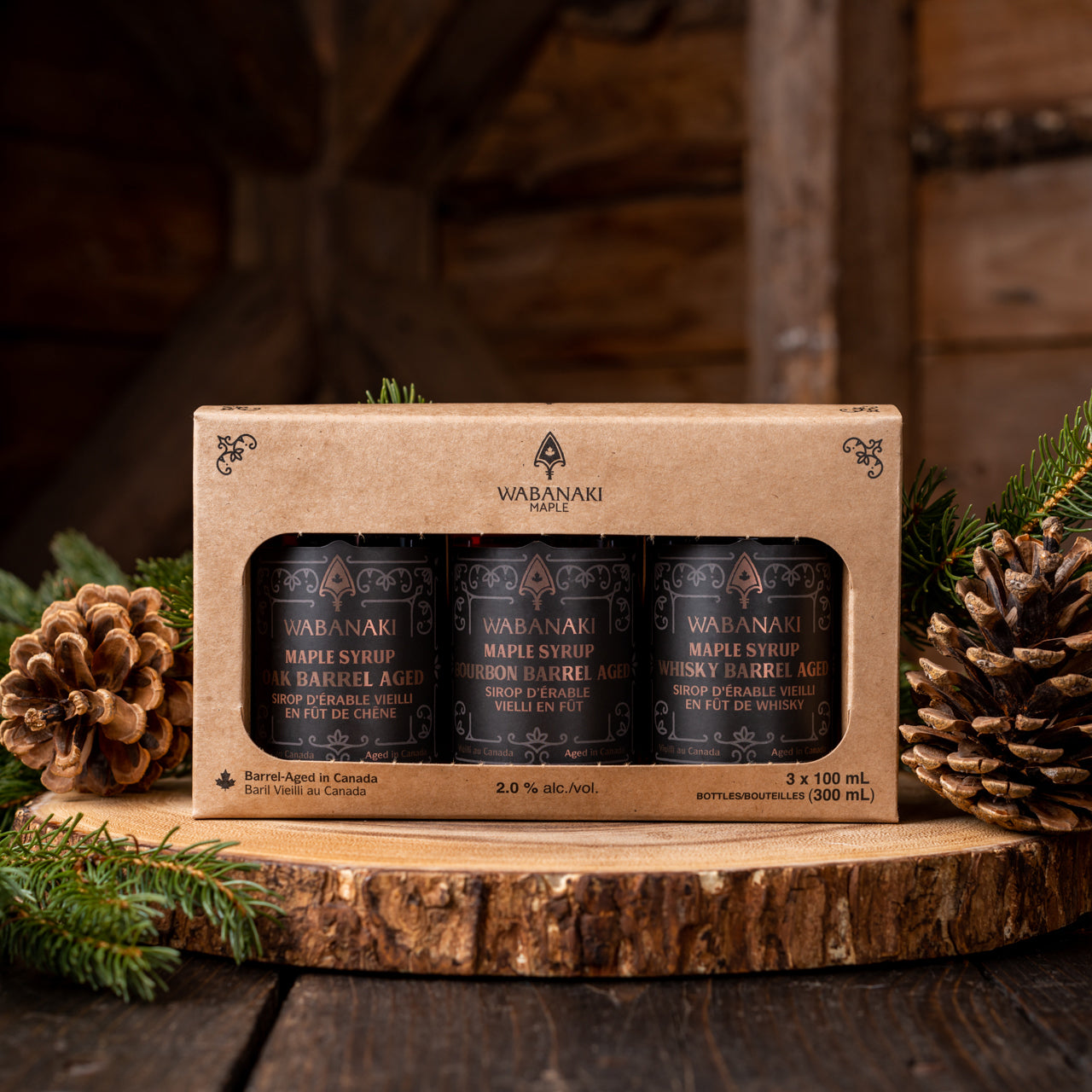 Pictured is the mini bundle set from Wabanaki Maple. This set features bourbon, whiskey and oak barrel aged maple syrup
